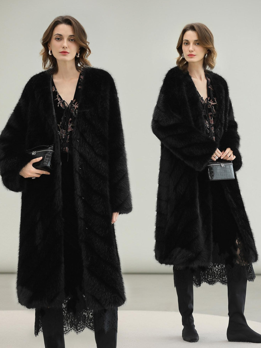 COCOBELLA Warm Faux Fur Trim Long Straight V Neck Women Commuter Black Coats