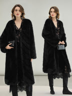 COCOBELLA Warm Faux Fur Trim Long Straight V Neck Women Commuter Black Coats