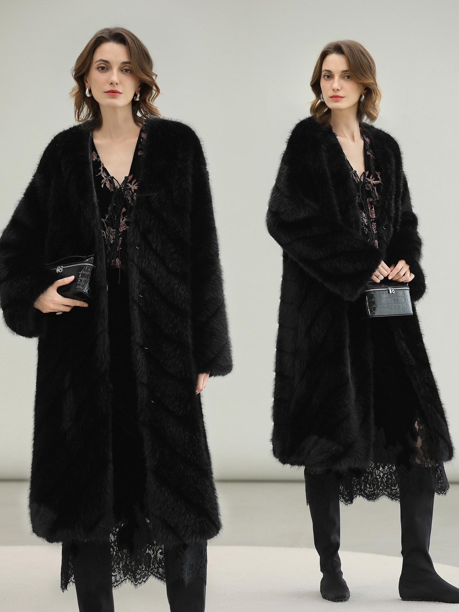 COCOBELLA Warm Faux Fur Trim Long Straight V Neck Women Commuter Black Coats