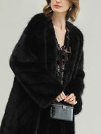 COCOBELLA Warm Faux Fur Trim Long Straight V Neck Women Commuter Black Coats