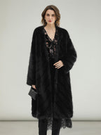 COCOBELLA Warm Faux Fur Trim Long Straight V Neck Women Commuter Black Coats