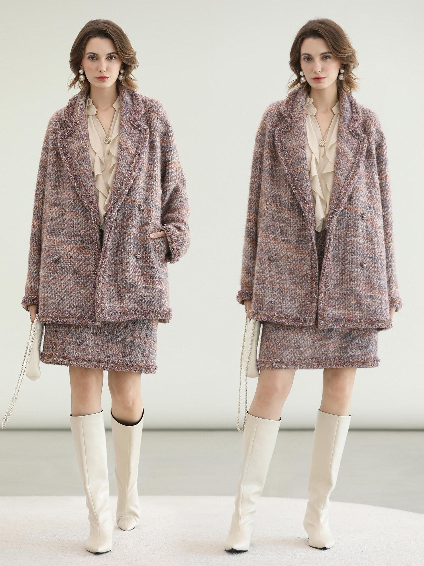 COCOBELLA Warm Lurex Button Double Breasted Loose Ladylike Commuter Wool Coats