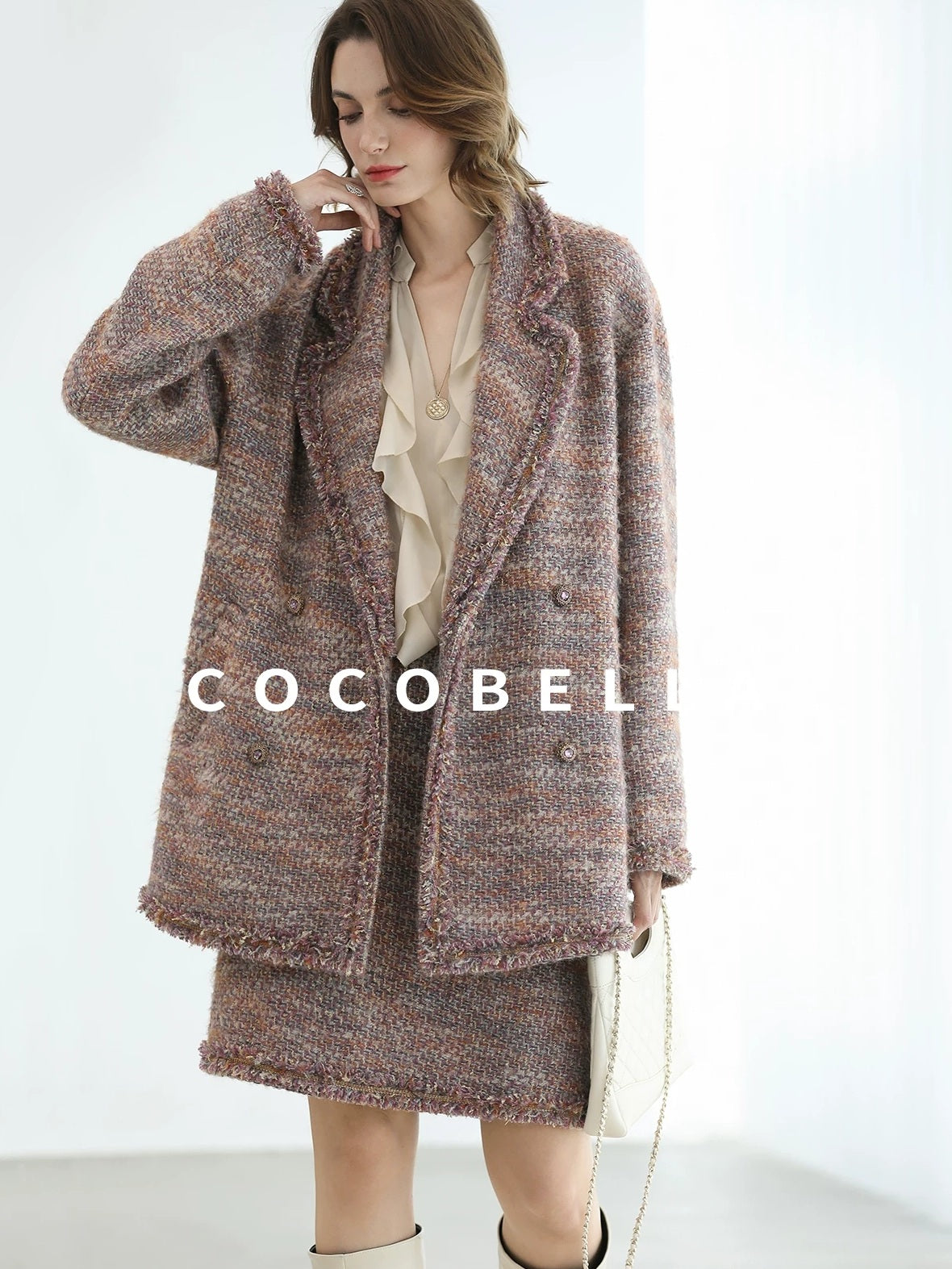 COCOBELLA Warm Lurex Button Double Breasted Loose Ladylike Commuter Wool Coats
