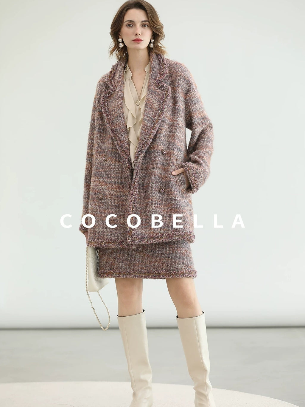 COCOBELLA Warm Lurex Button Double Breasted Loose Ladylike Commuter Wool Coats