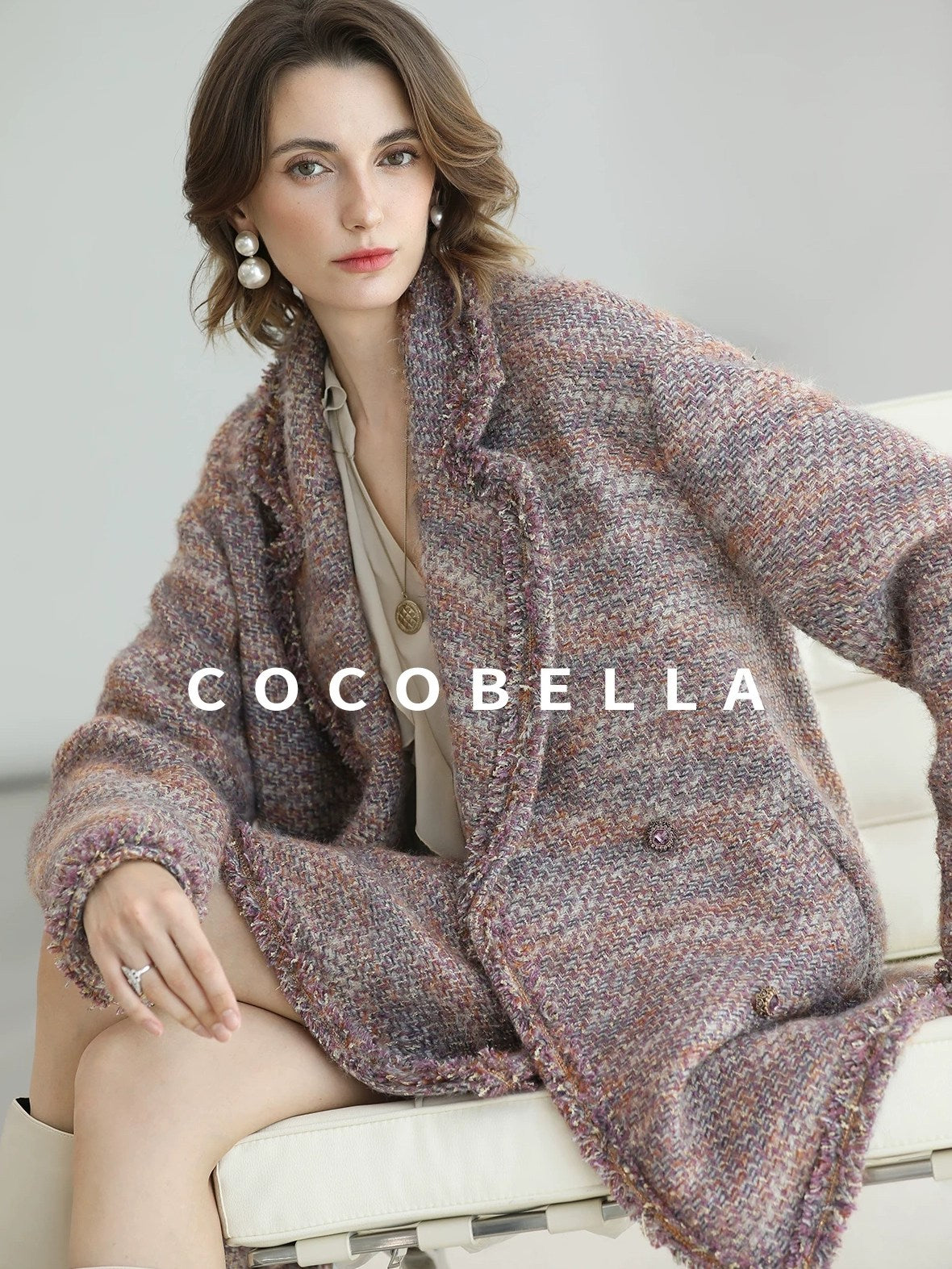 COCOBELLA Warm Lurex Button Double Breasted Loose Ladylike Commuter Wool Coats