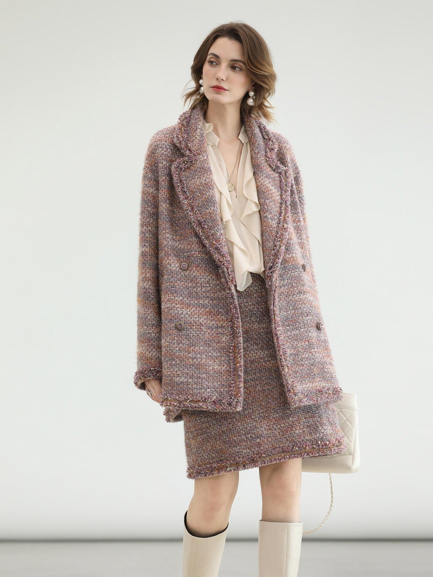 COCOBELLA Warm Lurex Button Double Breasted Loose Ladylike Commuter Wool Coats