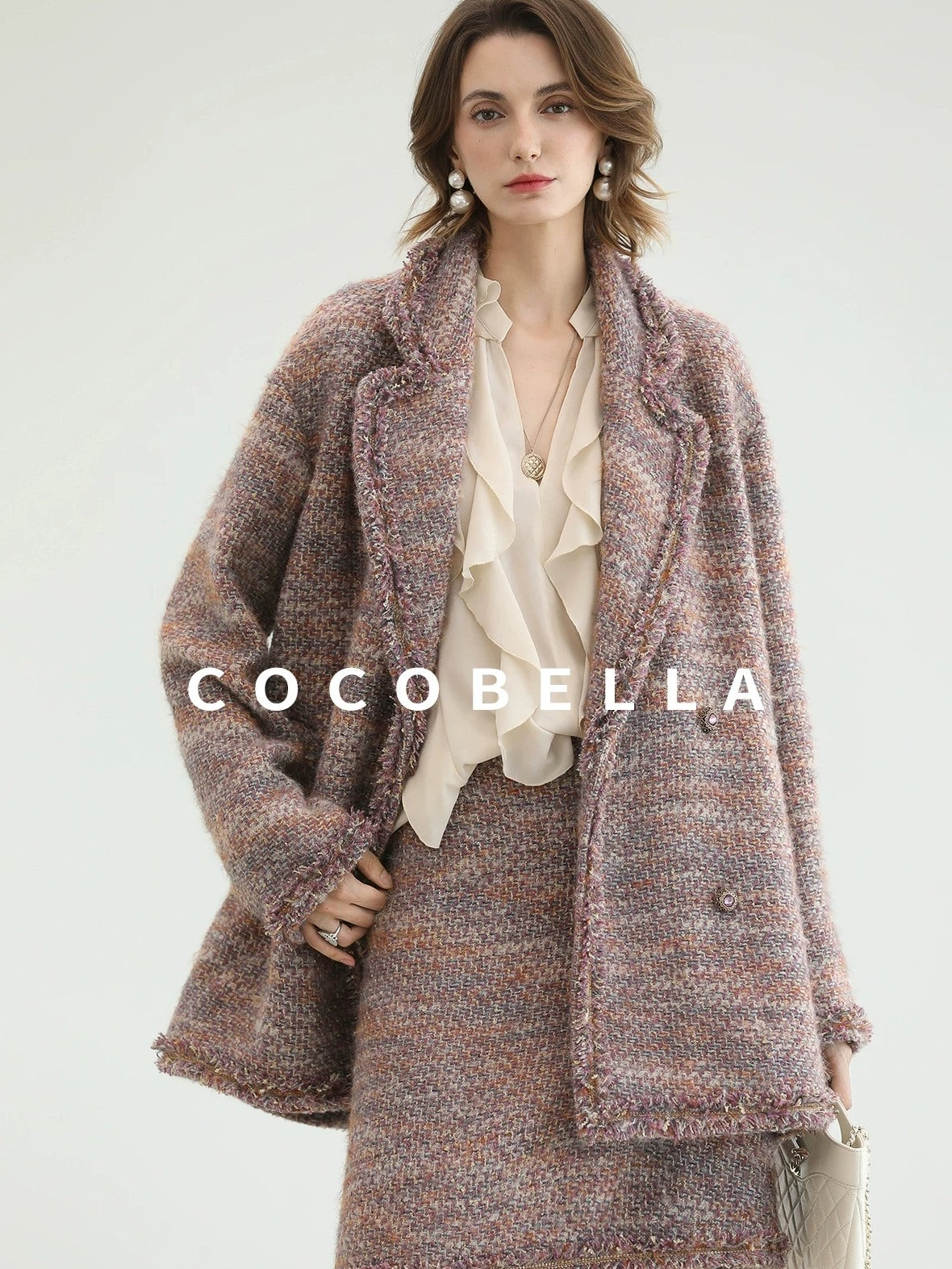 COCOBELLA Warm Lurex Button Double Breasted Loose Ladylike Commuter Wool Coats