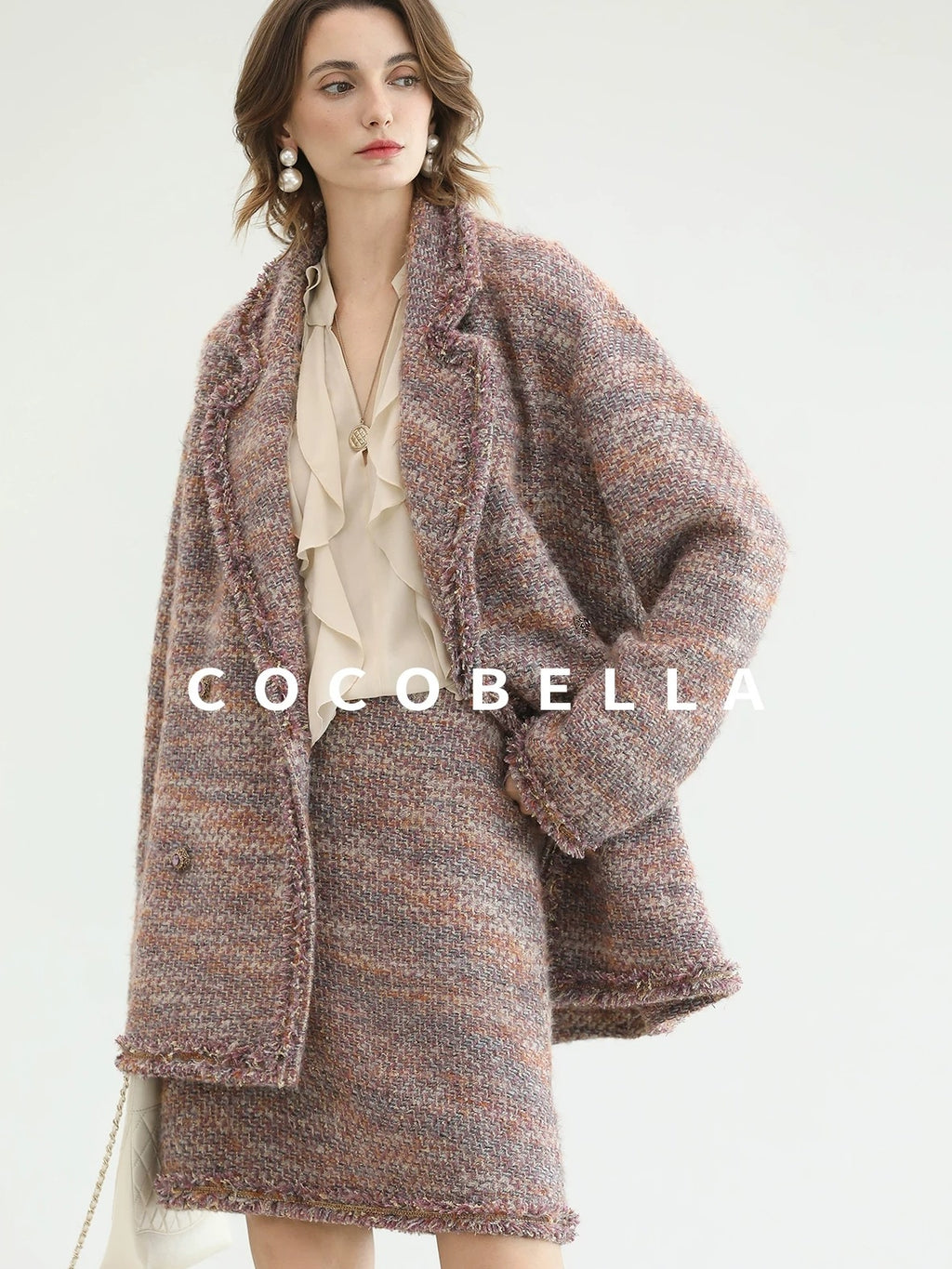 COCOBELLA Warm Lurex Button Double Breasted Loose Ladylike Commuter Wool Coats