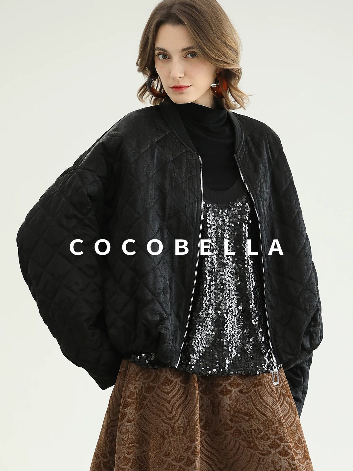 COCOBELLA Warm Short Pleated Acetate Straight Fit Street Style Black Zip Padded Jackets