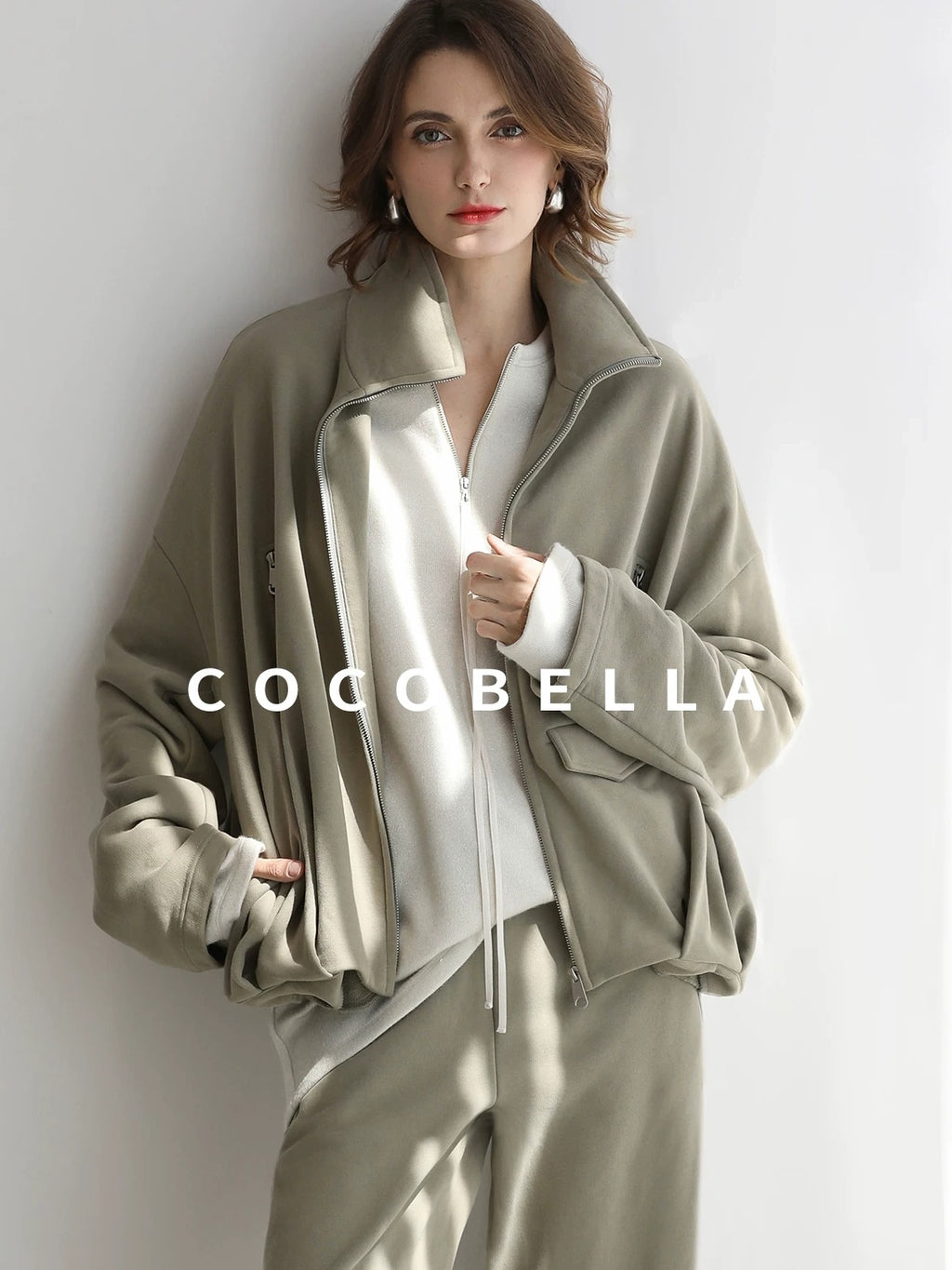 COCOBELLA Warm Thick Cotton Blend Relaxed Fit Zip Up Pocket Solid Versatile Hoodies