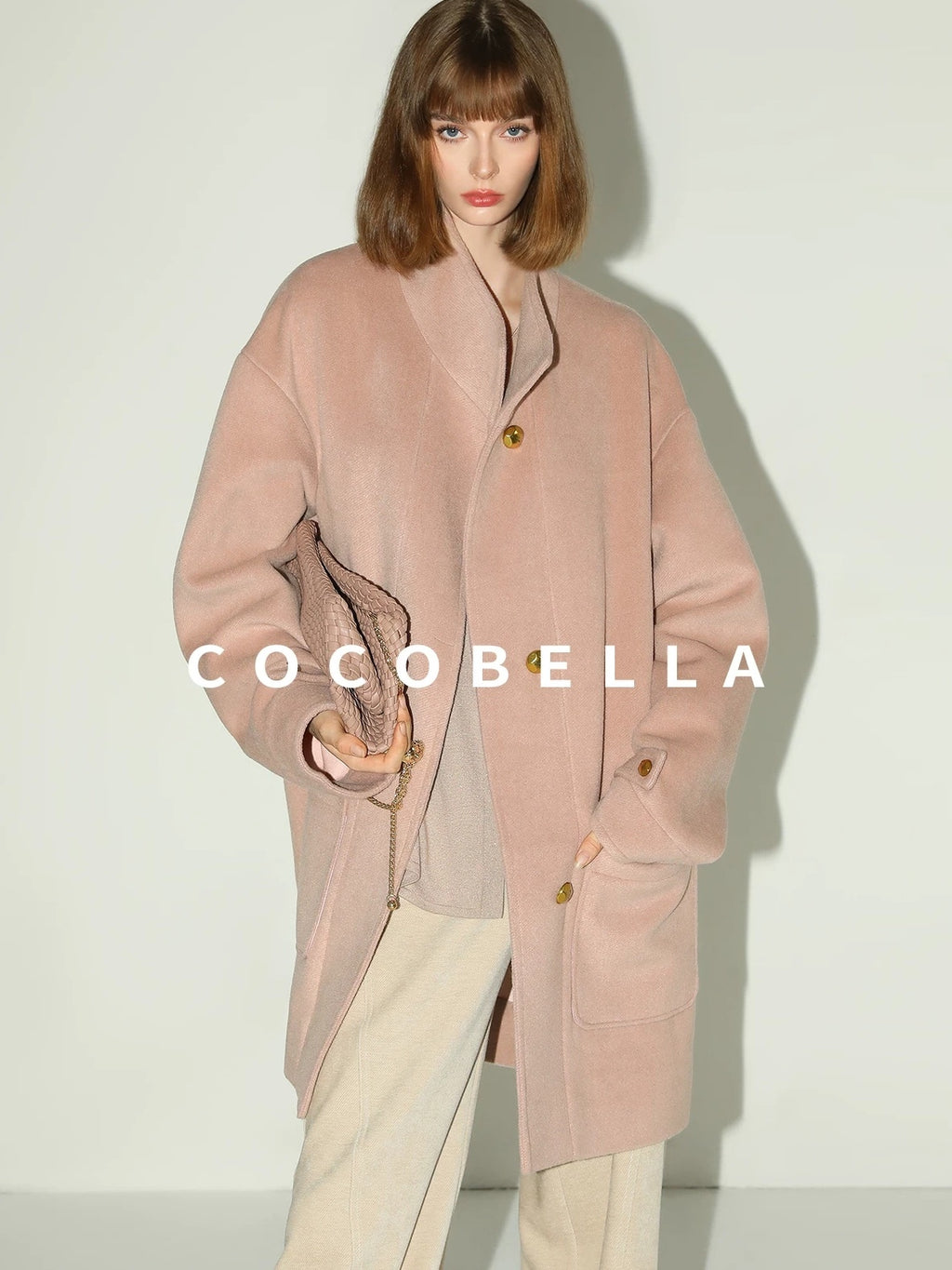 COCOBELLA Warm Thick Mid Length Elegant Commuter Straight Stand Collar Wool Overcoat Coats