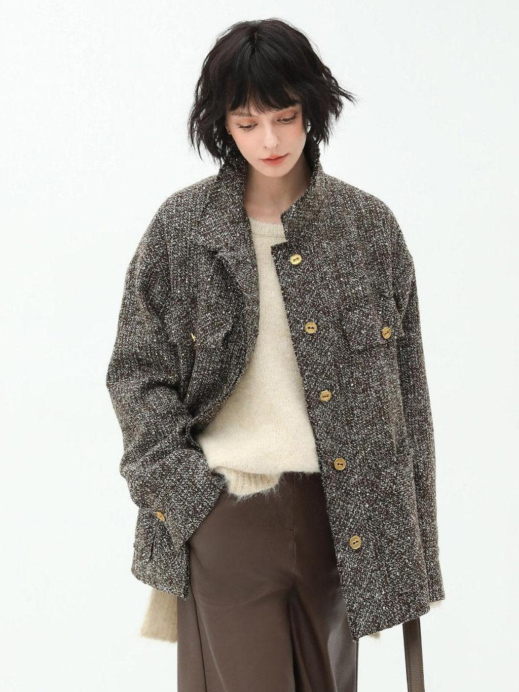 COCOBELLA Warm Vintage Straight Single Breasted Sequin Pocket Mocha Wool Jackets