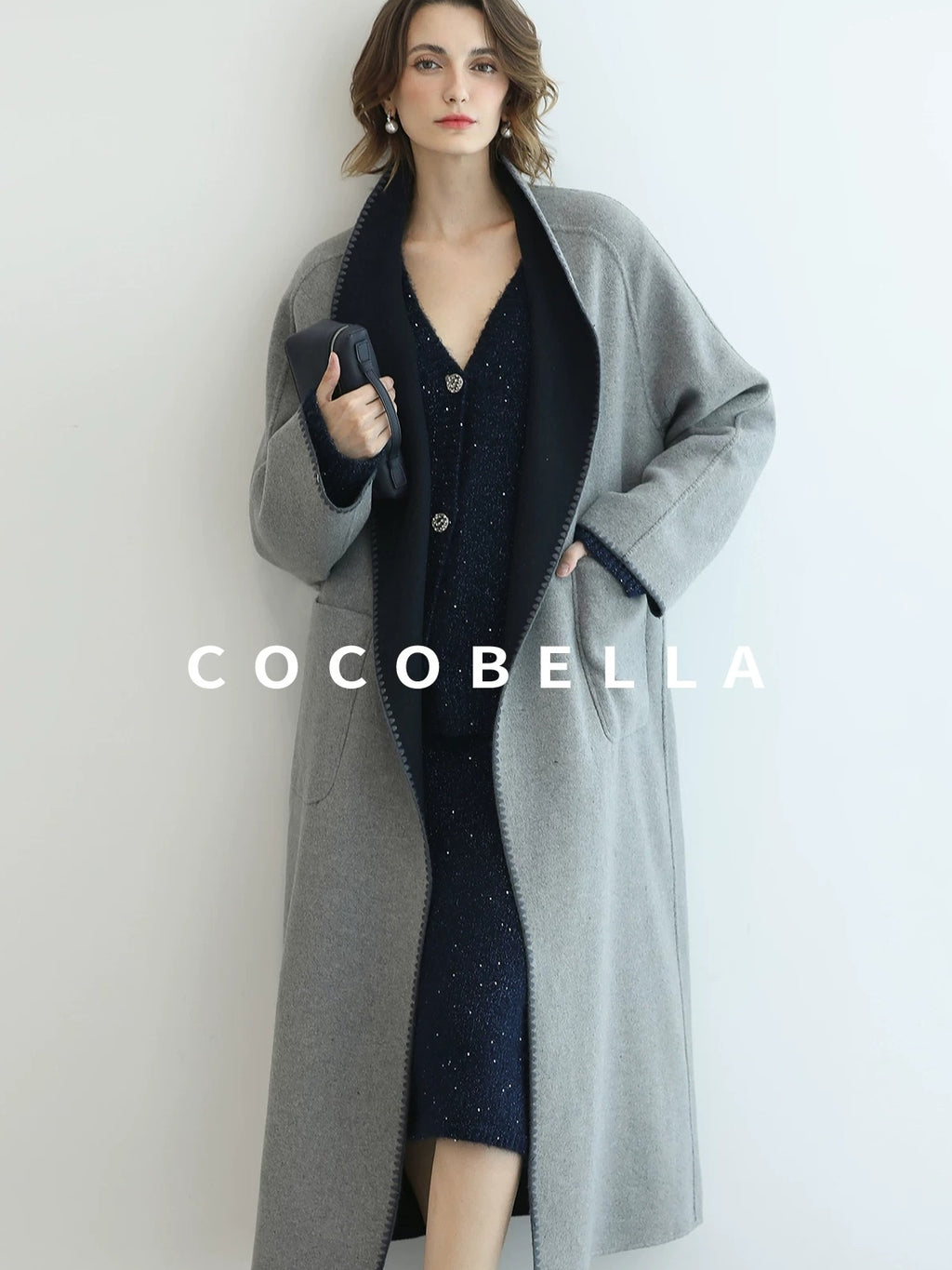 COCOBELLA Warm Wool Blend Double Breasted Long Minimal Relaxed Fit Pockets Office Coats