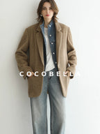 COCOBELLA Warm Wool Blend Loose Fit Single Button Flap Pocket Office Regular Blazers