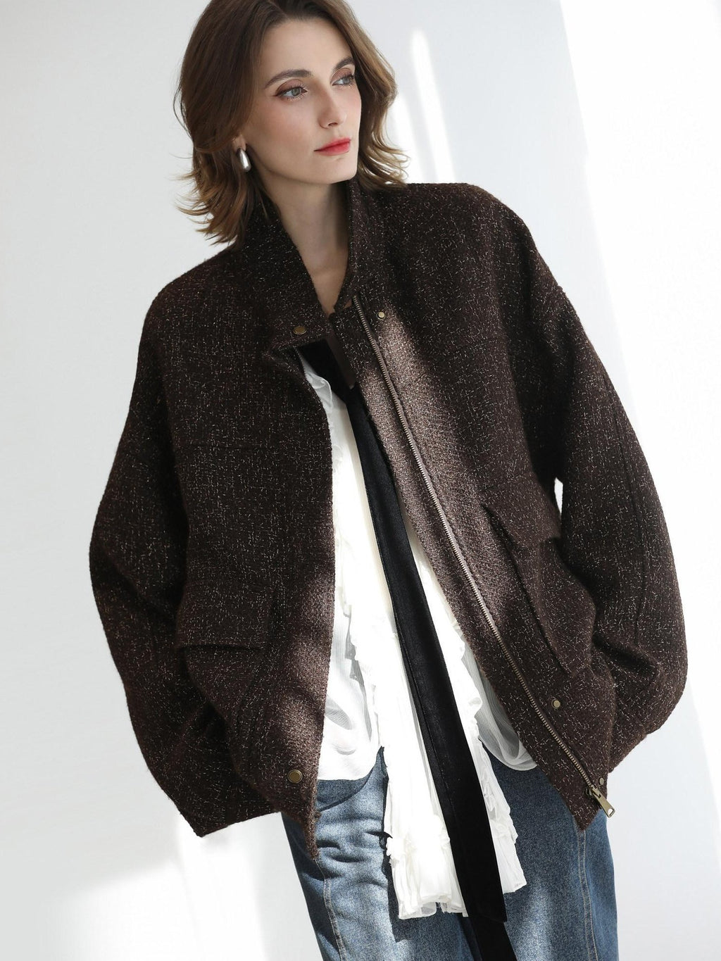 COCOBELLA Warm Wool Blend Lurex Zipper Pockets Street Straight Mid Length Women Jackets