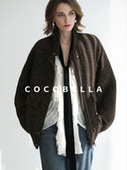 COCOBELLA Warm Wool Blend Lurex Zipper Pockets Street Straight Mid Length Women Jackets