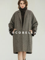 COCOBELLA Warm Wool Blend Mid Length Straight Notched Lapel Women Office Overcoat Coats