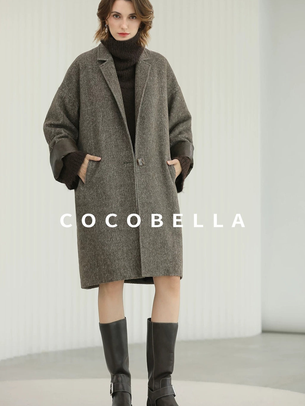 COCOBELLA Warm Wool Blend Mid Length Straight Notched Lapel Women Office Overcoat Coats