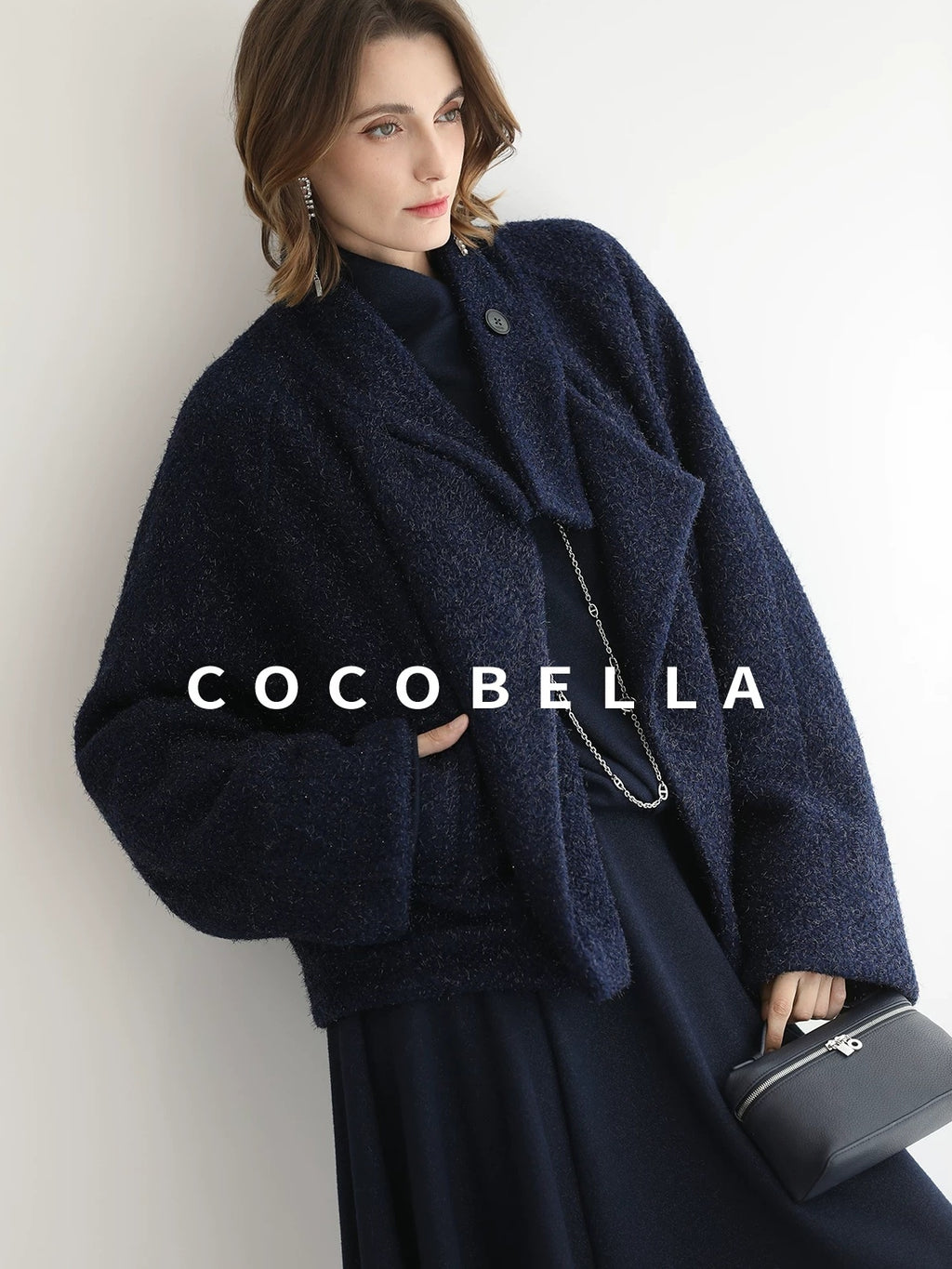 COCOBELLA Warm Wool Blend Shimmer Cropped Straight Office Style Navy Coats