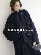 COCOBELLA Warm Wool Blend Shimmer Cropped Straight Office Style Navy Coats