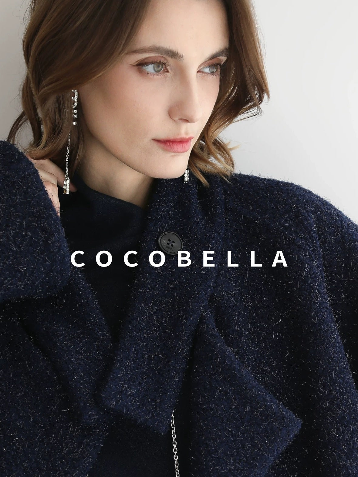 COCOBELLA Warm Wool Blend Shimmer Cropped Straight Office Style Navy Coats