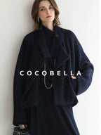 COCOBELLA Warm Wool Blend Shimmer Cropped Straight Office Style Navy Coats