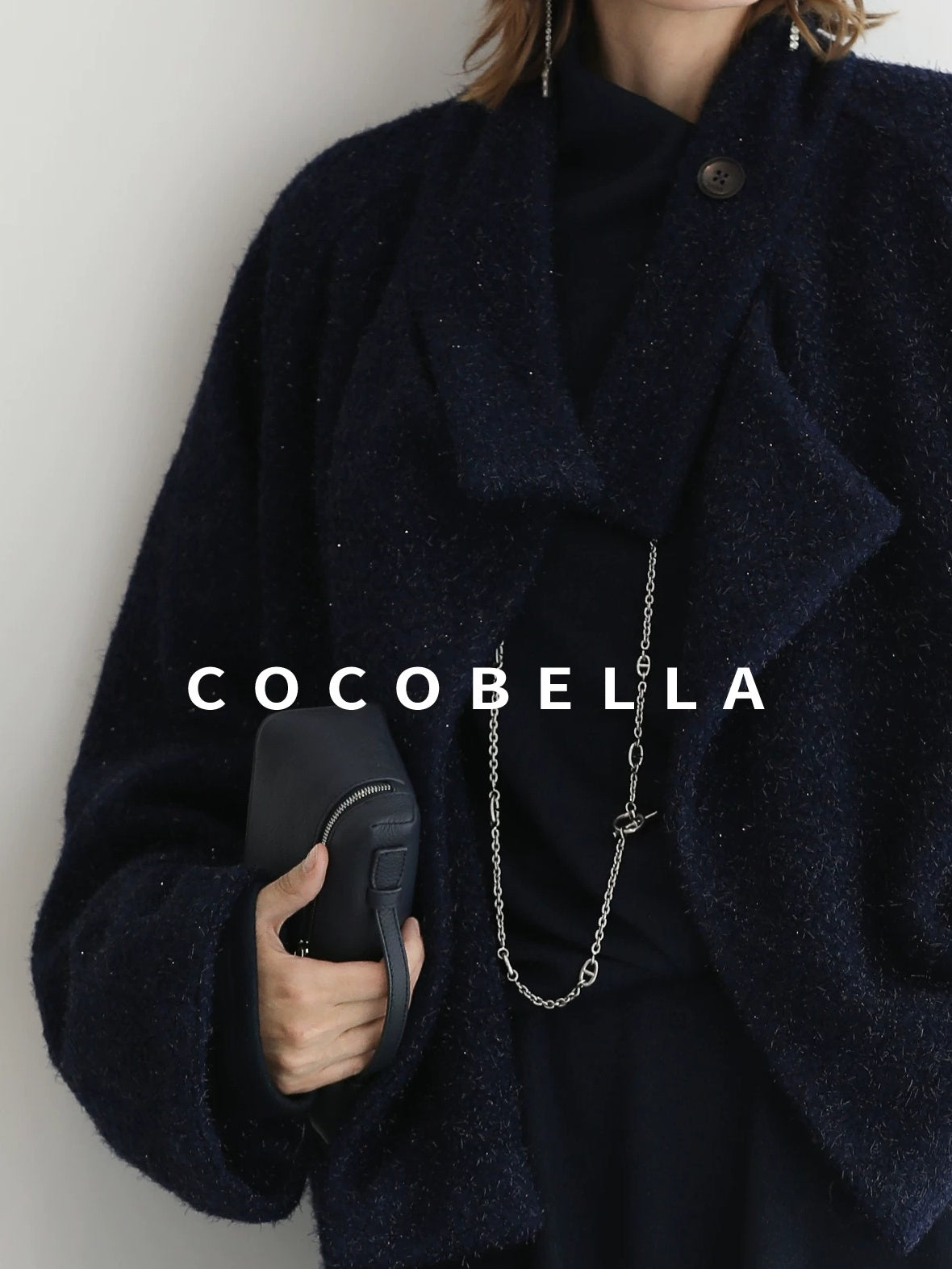 COCOBELLA Warm Wool Blend Shimmer Cropped Straight Office Style Navy Coats