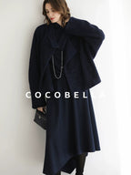 COCOBELLA Warm Wool Blend Shimmer Cropped Straight Office Style Navy Coats