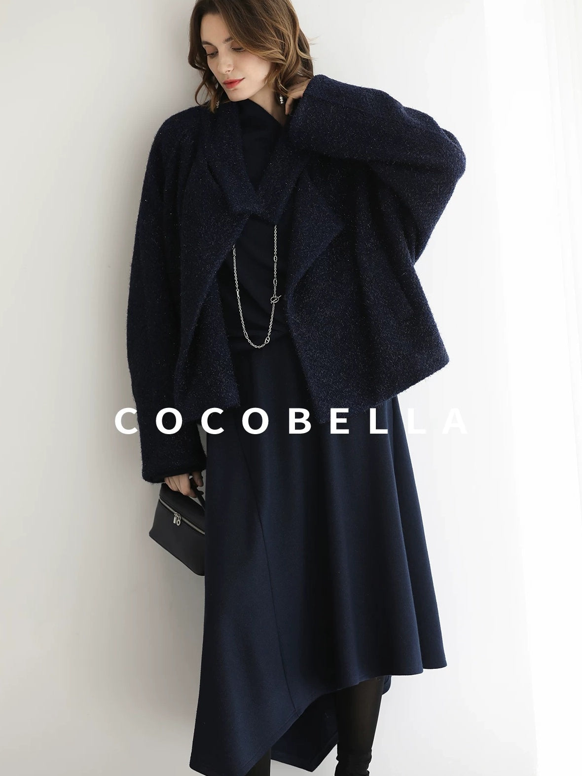 COCOBELLA Warm Wool Blend Shimmer Cropped Straight Office Style Navy Coats