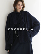 COCOBELLA Warm Wool Blend Shimmer Cropped Straight Office Style Navy Coats