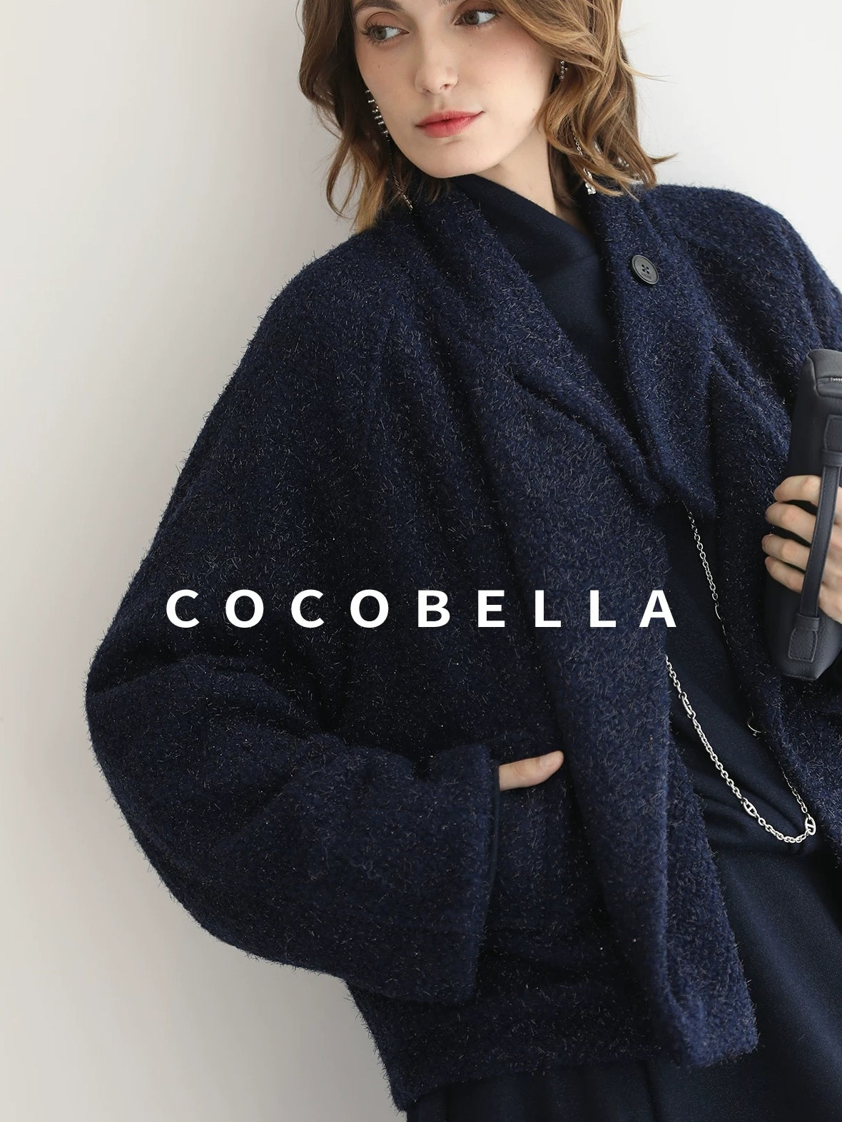 COCOBELLA Warm Wool Blend Shimmer Cropped Straight Office Style Navy Coats