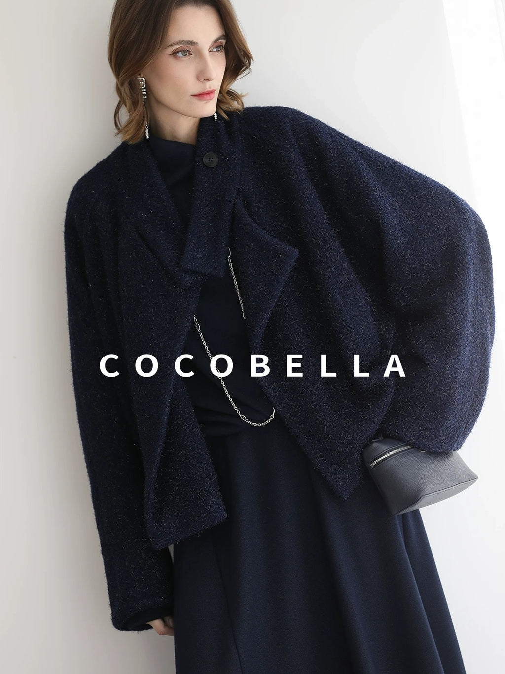 COCOBELLA Warm Wool Blend Shimmer Cropped Straight Office Style Navy Coats