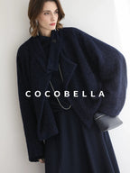 COCOBELLA Warm Wool Blend Shimmer Cropped Straight Office Style Navy Coats