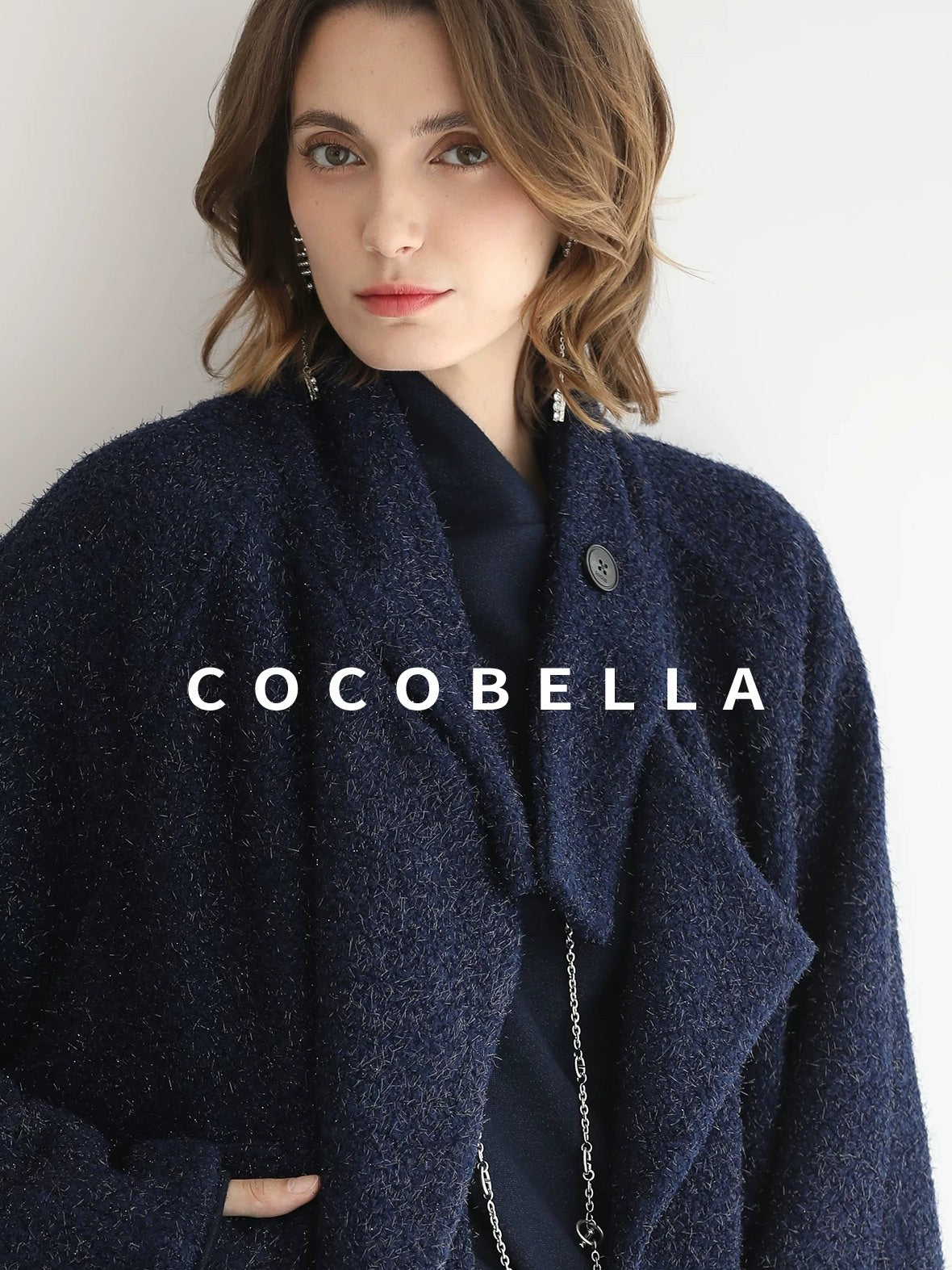 COCOBELLA Warm Wool Blend Shimmer Cropped Straight Office Style Navy Coats