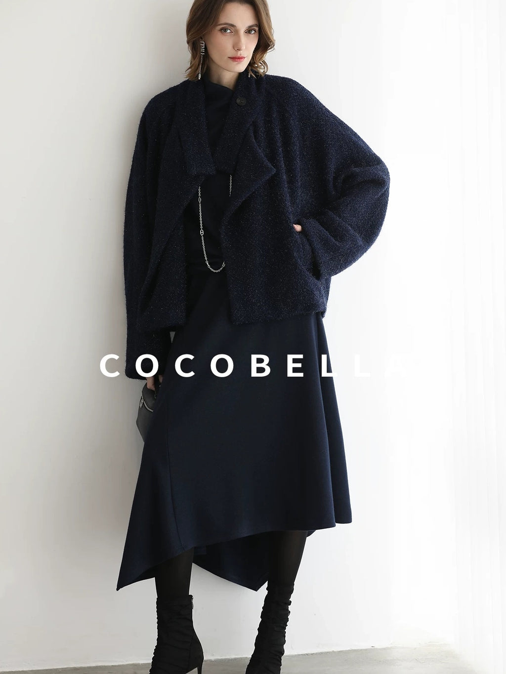 COCOBELLA Warm Wool Blend Shimmer Cropped Straight Office Style Navy Coats