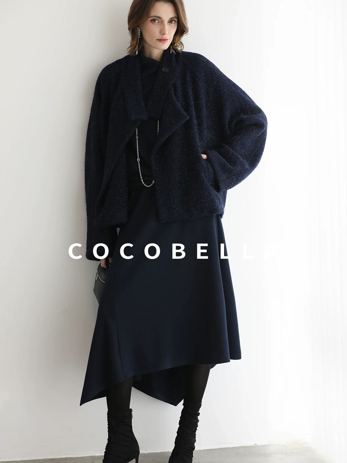 COCOBELLA Warm Wool Blend Shimmer Cropped Straight Office Style Navy Coats