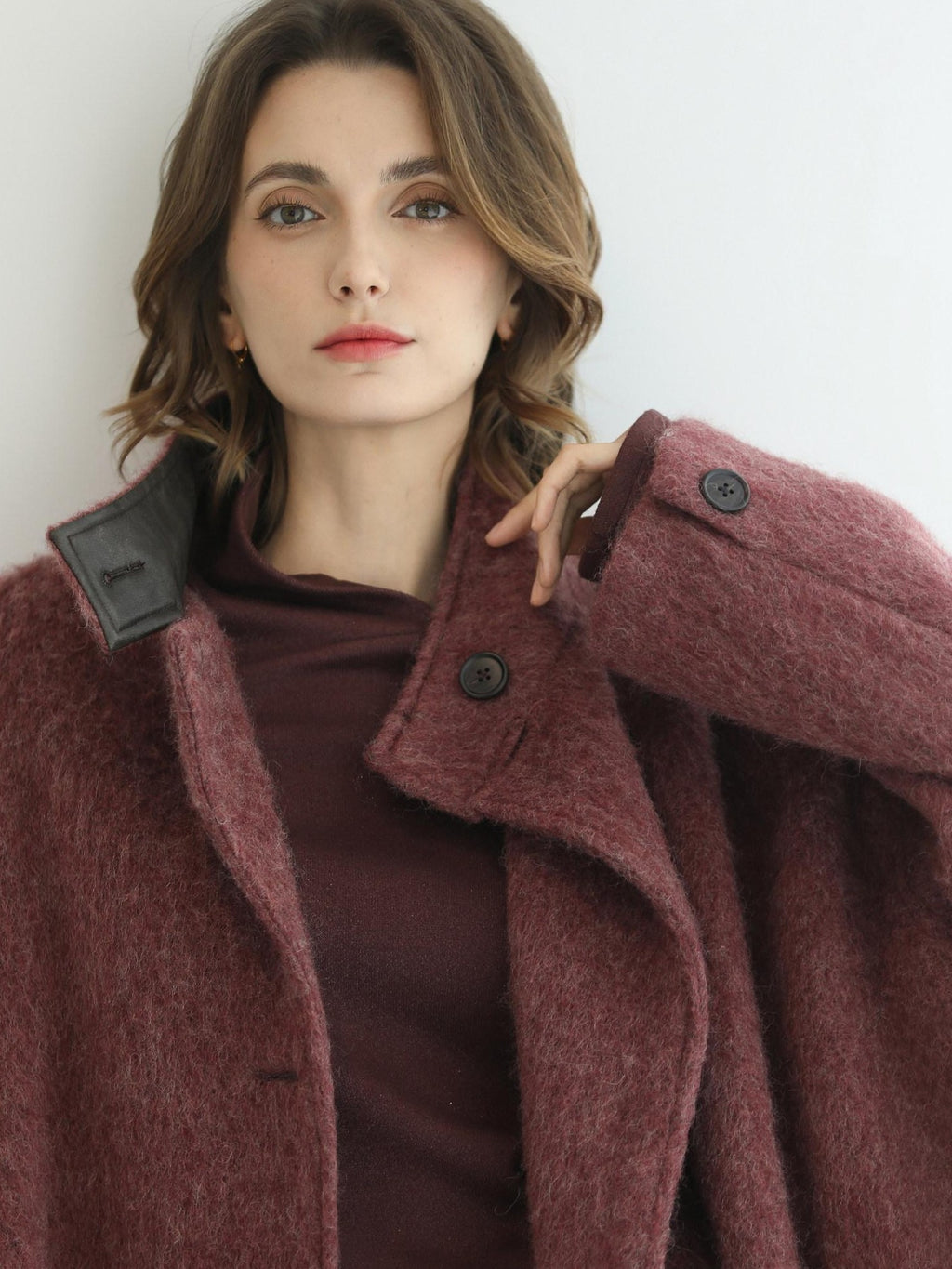 COCOBELLA Warm Wool Blend Stand Collar Belted Buttoned Loose Ol Women Berry Red Jackets