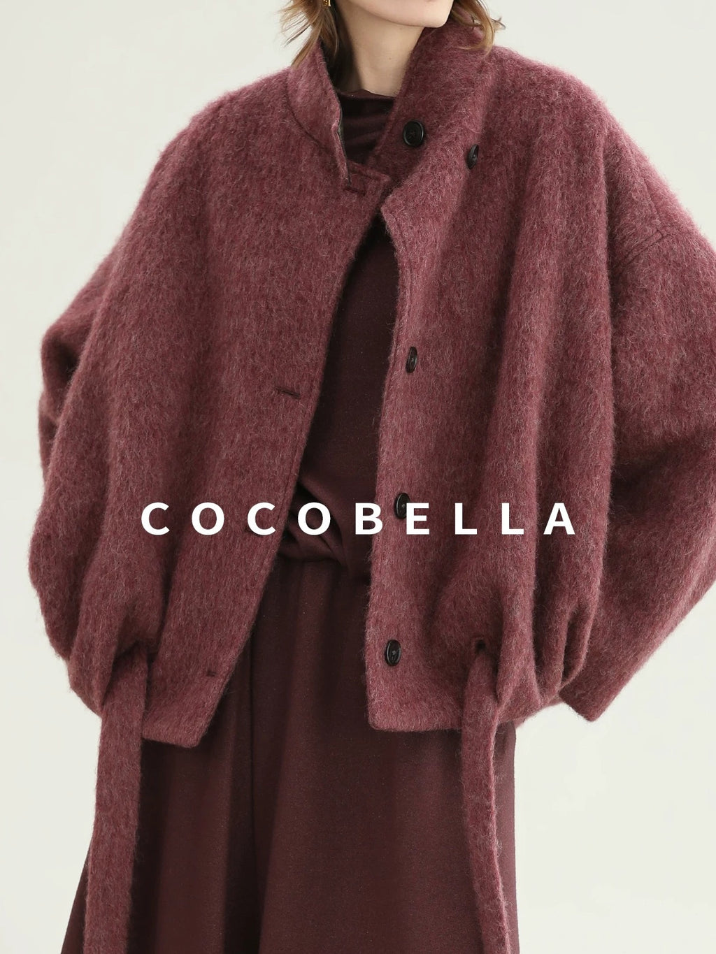 COCOBELLA Warm Wool Blend Stand Collar Belted Buttoned Loose Ol Women Berry Red Jackets