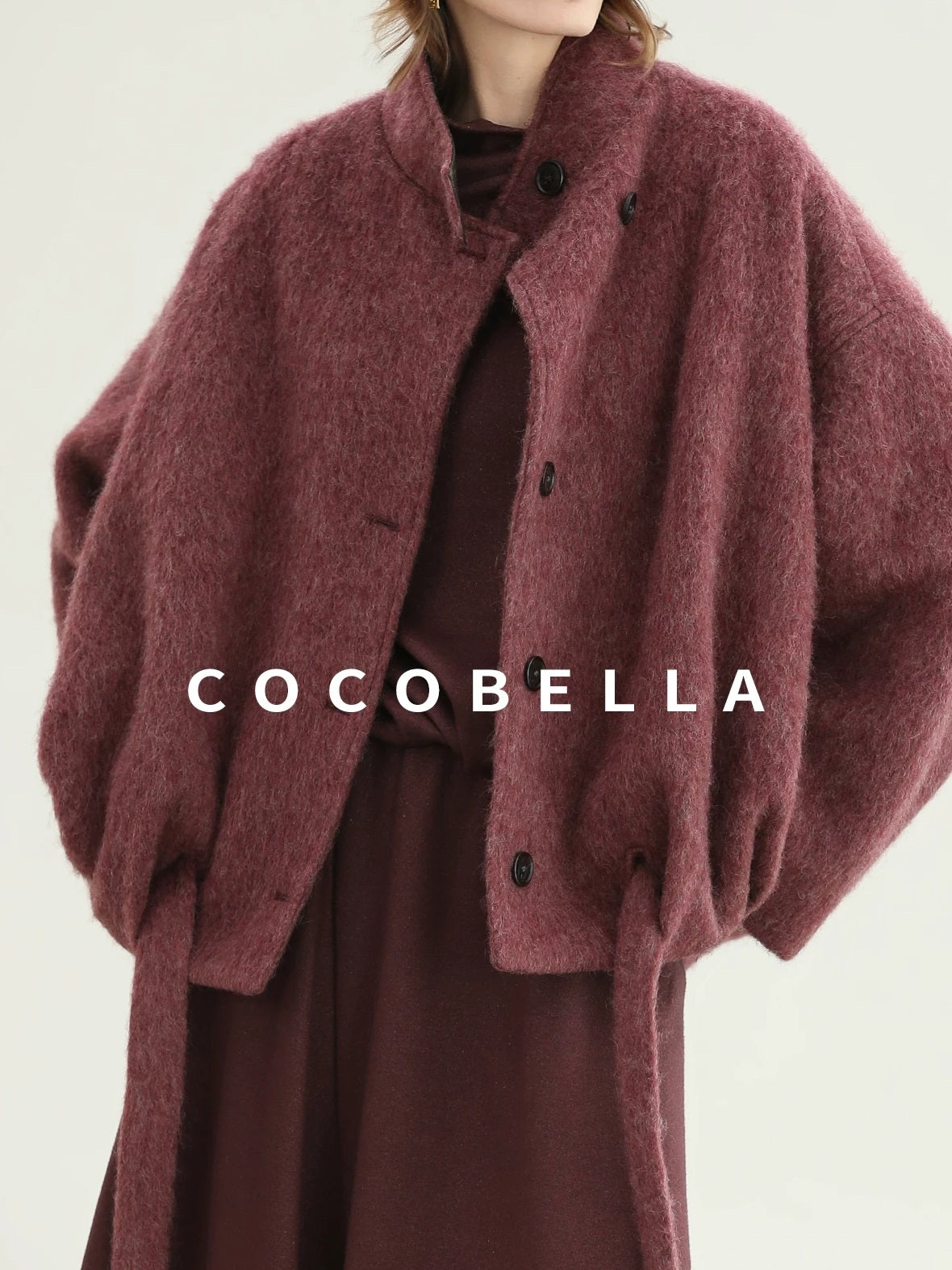 COCOBELLA Warm Wool Blend Stand Collar Belted Buttoned Loose Ol Women Berry Red Jackets