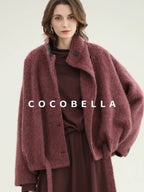COCOBELLA Warm Wool Blend Stand Collar Belted Buttoned Loose Ol Women Berry Red Jackets