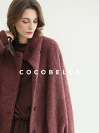 COCOBELLA Warm Wool Blend Stand Collar Belted Buttoned Loose Ol Women Berry Red Jackets