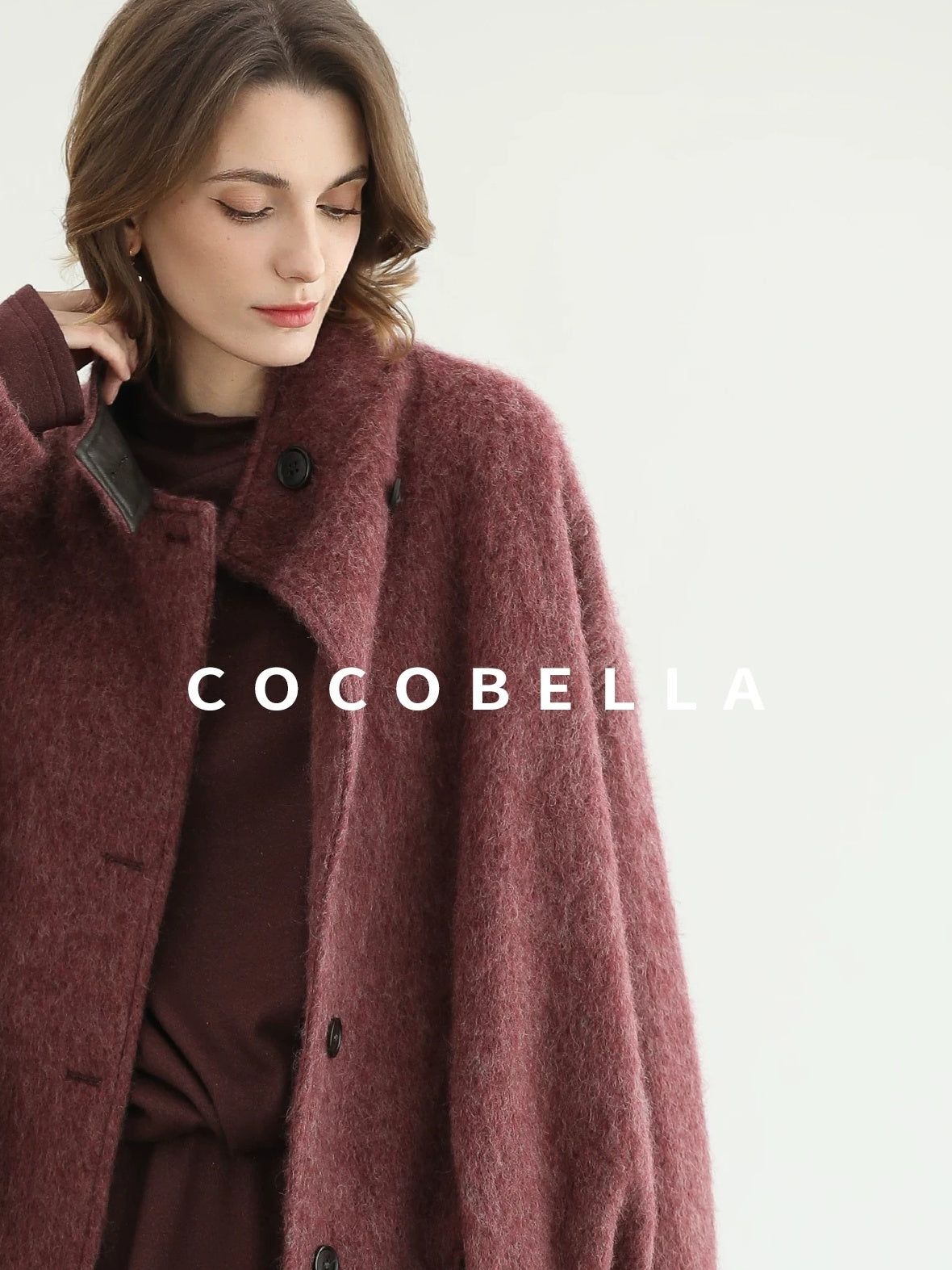 COCOBELLA Warm Wool Blend Stand Collar Belted Buttoned Loose Ol Women Berry Red Jackets