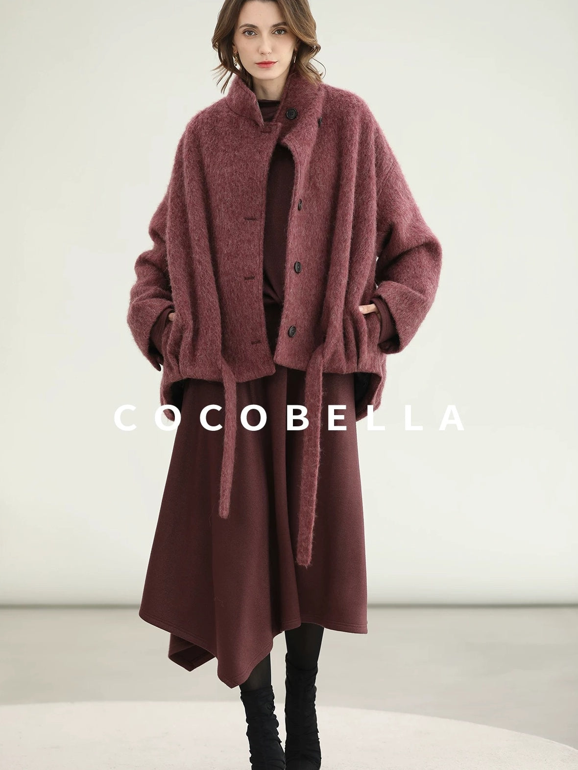 COCOBELLA Warm Wool Blend Stand Collar Belted Buttoned Loose Ol Women Berry Red Jackets