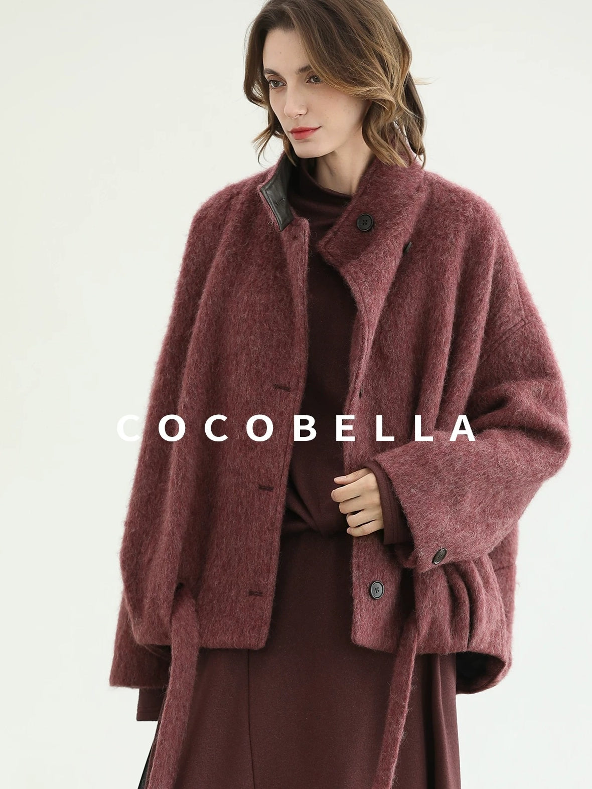 COCOBELLA Warm Wool Blend Stand Collar Belted Buttoned Loose Ol Women Berry Red Jackets