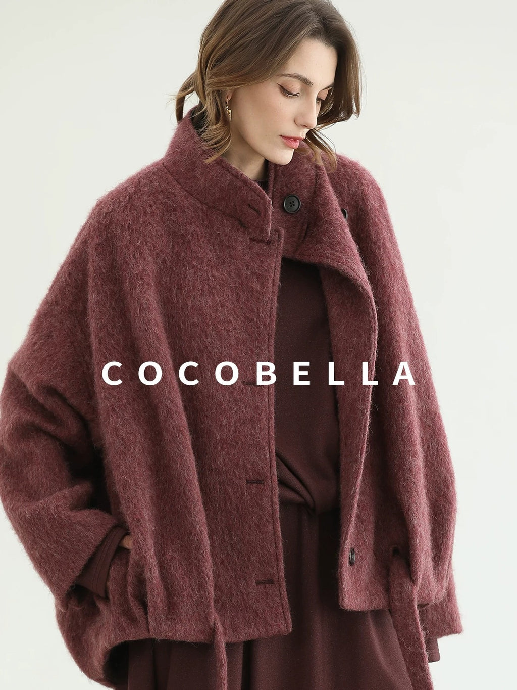 COCOBELLA Warm Wool Blend Stand Collar Belted Buttoned Loose Ol Women Berry Red Jackets