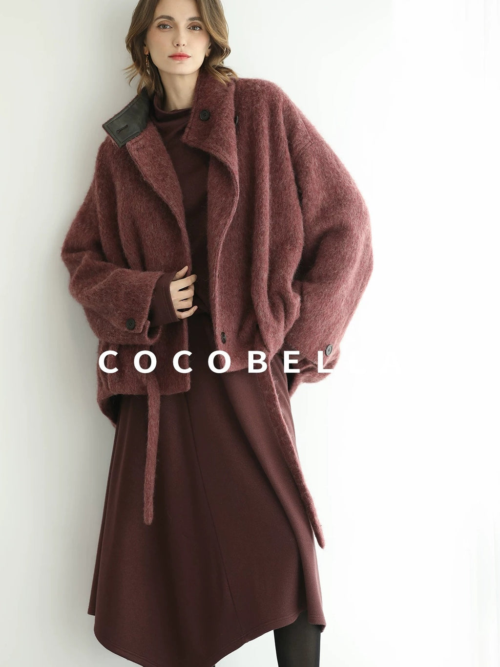 COCOBELLA Warm Wool Blend Stand Collar Belted Buttoned Loose Ol Women Berry Red Jackets