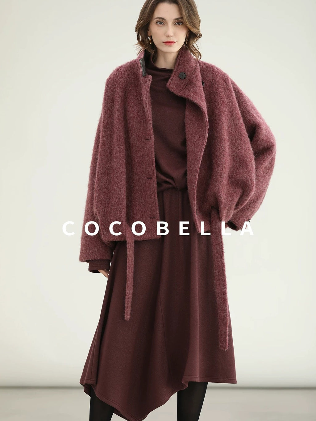 COCOBELLA Warm Wool Blend Stand Collar Belted Buttoned Loose Ol Women Berry Red Jackets