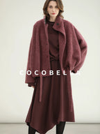 COCOBELLA Warm Wool Blend Stand Collar Belted Buttoned Loose Ol Women Berry Red Jackets