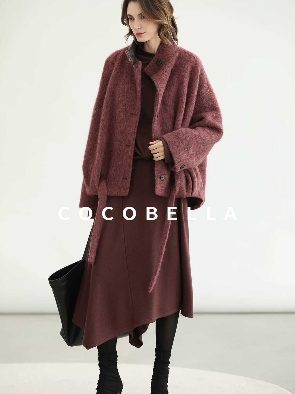 COCOBELLA Warm Wool Blend Stand Collar Belted Buttoned Loose Ol Women Berry Red Jackets