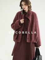 COCOBELLA Warm Wool Blend Stand Collar Belted Buttoned Loose Ol Women Berry Red Jackets